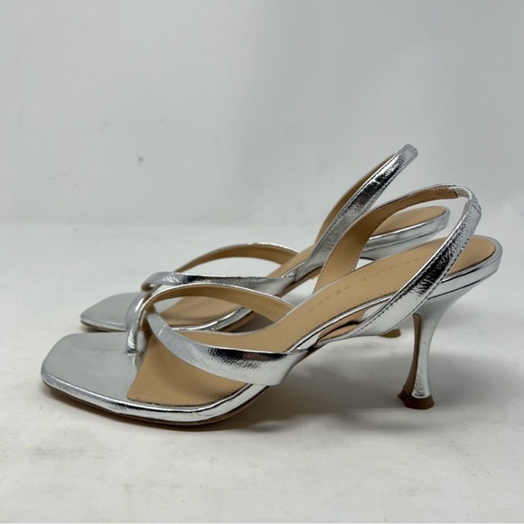 Veronica Beard Silver Leather Thong Heeled Strappy Sandals Metallic Heels Size 9 - Picture 6 of 10